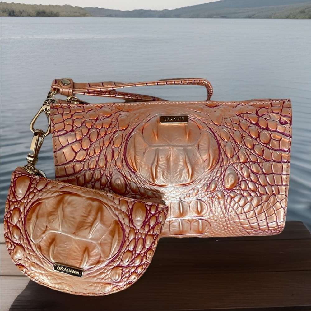 Brahmin Daisy APRICOT ROSE Wristlet Clutch & Clip On Britt Card Coin Wallet-2 PC